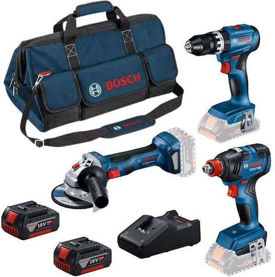 Bosch 0615990N31 Set Drill Driver & Angle Wheel & Impact Screwdriver 18V with 2 Batteries 5Ah and Case