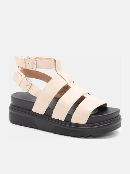 Sandale Casual Damă Gladiator Flatforme Bej