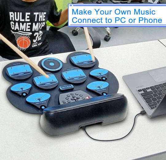 Roza Wg101 Παιδικό Ηλεκτρονικό Σετ Τυμπάνων 9 Pads Usb Midi Ηχεία & Πεντάλ – Μπλε