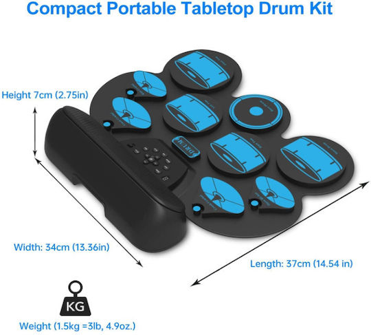 Roza Wg101 Παιδικό Ηλεκτρονικό Σετ Τυμπάνων 9 Pads Usb Midi Ηχεία & Πεντάλ – Μπλε