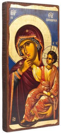 Virgin Mary Paramythia Wooden Aged Icon Canvas Colorful Background Authentic Product of Vatopedi Monastery Holy Great Monastery Vatopedi Imv-0205imv-23_12 23 X 12 Cm