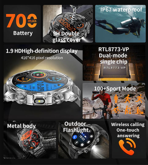 Microwear AK75 Smartwatch με Παλμογράφο (Silver Steel)