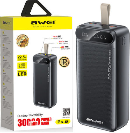 Awei PA-12 Power Bank 30000mAh 22.5W με 2 Θύρες USB-A και Θύρα USB-C Quick Charge 3.0 Μαύρο
