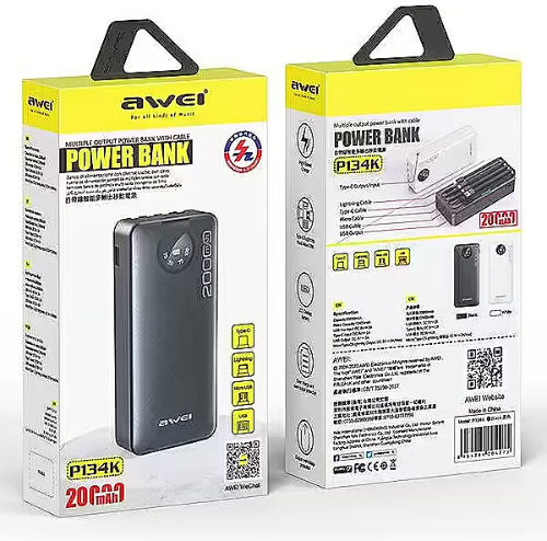 Awei P134K Power Bank 20000mAh με Θύρα USB-A και Θύρα USB-C Μαύρο