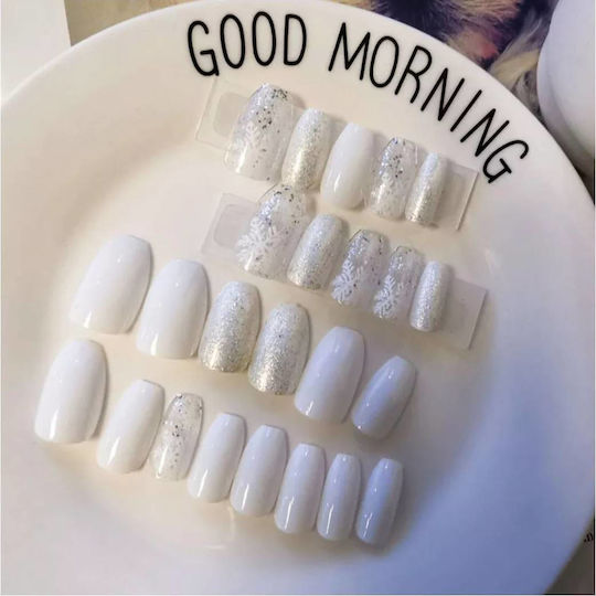 Press-on Nails False Nails Set Nail Art 24 Pieces + 1 Extra Glue Snow Flakes Glam