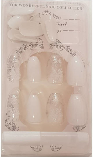 Press-on Nails False Nails Set Nail Art 24 Pieces + 1 Extra Glue Snow Flakes Glam