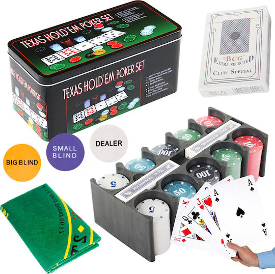 Verk Group Set 200 Numbered Poker Chips in Metallic Box with 2 Decks and Felt