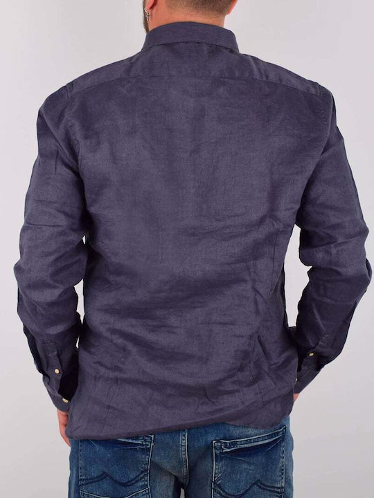 Dstrezzed Herrenhemd 100% Leinen Marineblaue Gesticktes Logo Auf Der Brust Normale Passform Dst 303082117.midnight Blau