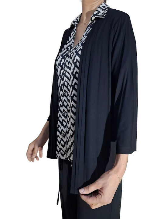 Viskose Lycra Trükkärmeln Offene Strickjacke Schwarz