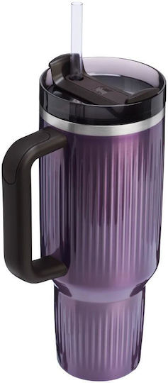 Stanley Quencher H2.0 Fluted Handled Tumbler Thermos Stainless Steel BPA Free 1.18lt Wisteria Shine with Straw and Handle