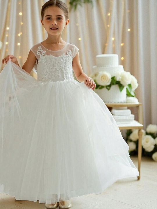 Mädchenkleid Ärmelloses Tüll Für Blumenmädchen Floral Weiß