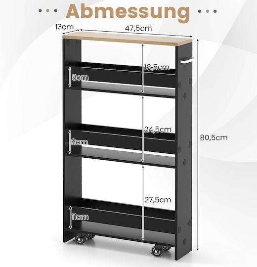 Costway Wooden Kitchen Trolley 3 Tiers Black 48x13x81cm