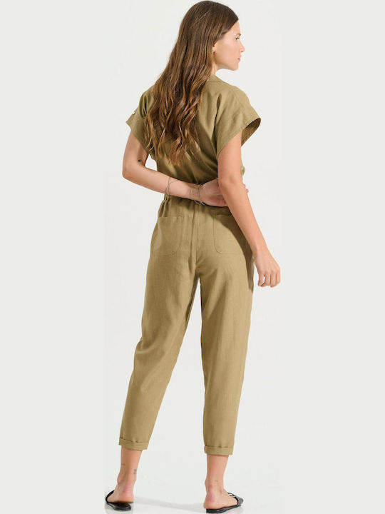 Damen Leinen Hose mit Gummizug Olive