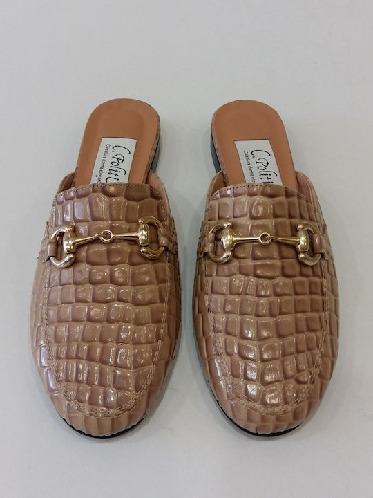 Flat Δερμάτινα Mules σε Μπεζ Χρώμα