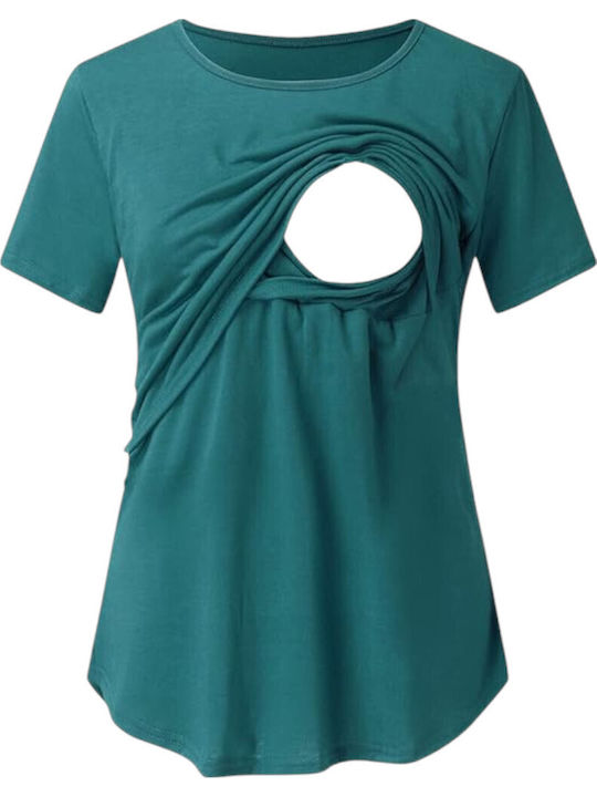 Petrol Short Sleeve Asymmetrical Nursing-Maternity Top Round Neck Summer 2025 Queen Mother