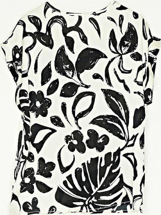 Women's Blouse Satin Floral Black and white