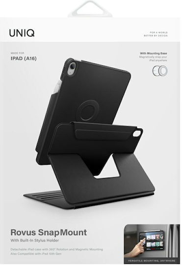Uniq Rovus Snapmount Magnetic 360 Флип капак Въртящ се Устойчив Черен (iPad 11 A16 (2025), iPad 10.9 10)