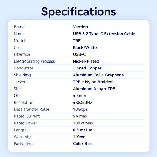 Vention It Cable USB Type-C 3.2 Gen 2 M-F Length 1.0m Braided Aluminum Black