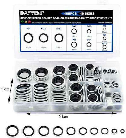 Σετ Τσιμούχες Στεγάνωσης 165τμχ Φ6 Φ24 Self-centered Bonded Seal Oil Washers Gasket Assortment Kit 0111600