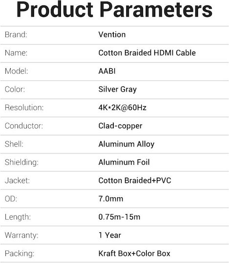 Vention Hdmi Cable 2.0 4k60hz Braided 2.0m Silver Aabih