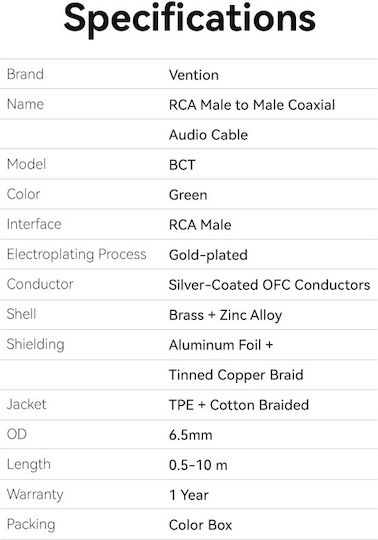 Vention Audio Digital Коаксиален RCA Кабел 5.0м Bctgj