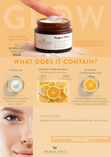 Alpaya Dermaceuticals Super Glow 5% Аскорбинова Киселина + 1% Ферулова Киселина Крем За Лице За Против Стареене И Регулация На Омазняването С Хиалуронова Киселина И Витамин С 50мл