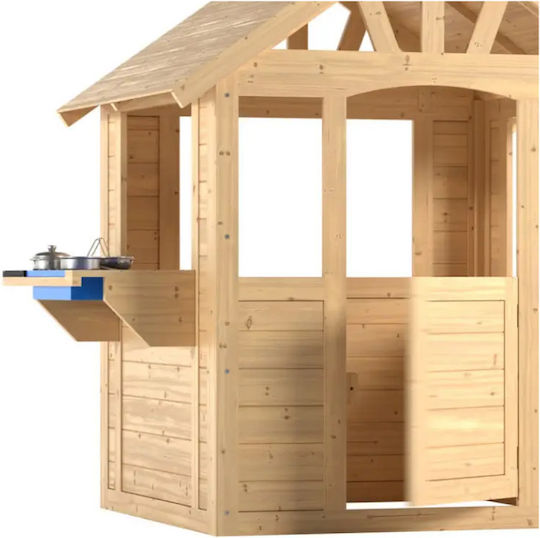 Village Set 3 Wooden Playhouses Unpainted and Mud Kitchen Height 140cm
