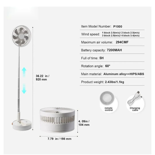 Ventilator Portabil Reglabil Încărcare USB 4 Viteze Înălțime Reglabilă 9,5cm-102cm Metal Plastic Ultra Silențios Alb