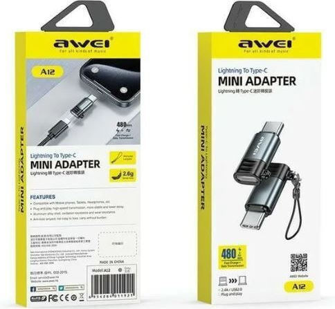 Awei A-12 Μετατροπέας Lightning male σε USB-C female Γκρι 1τμχ