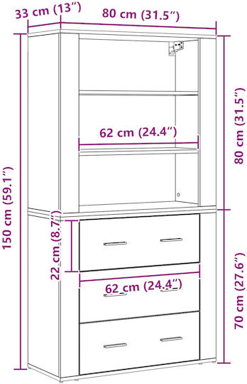 vidaXL Büroaufbewahrungsschublade und -schrank aus MDF Schwarze Eiche 80x33x150cm