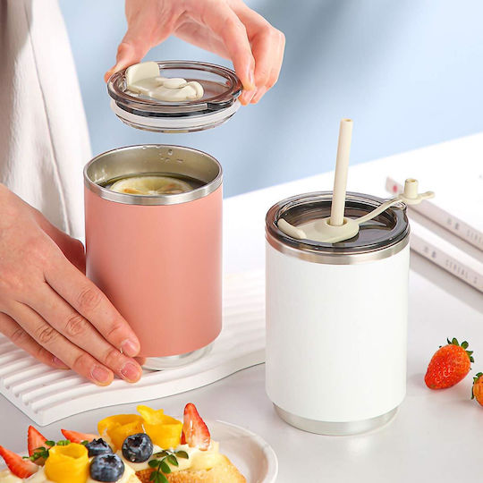 Uncle George Uncle George Stainless Steel Plastic Thermos Bottle 460ml Pink with Straw