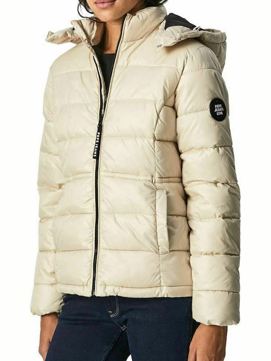 Camille Women's Short Puffer Jacket for Winter with Hood Beige