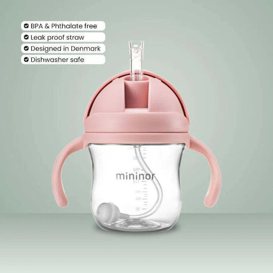 Mininor Toddler Plastic Cup with Handles and Straw 220ml for 6m+ Pink