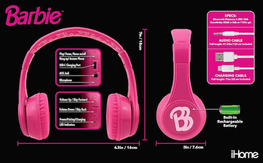 eKids Barbie Bluetooth Wireless On Ear Headphones with Radio with 3 hours of Operation Pink