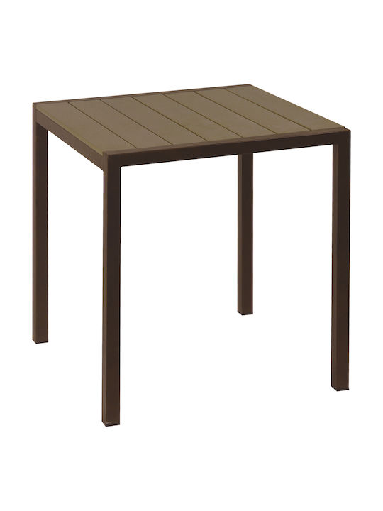 Outdoor Dinner Free Standing Table with Polywood Surface and Aluminum Frame Brown 68x68x72cm