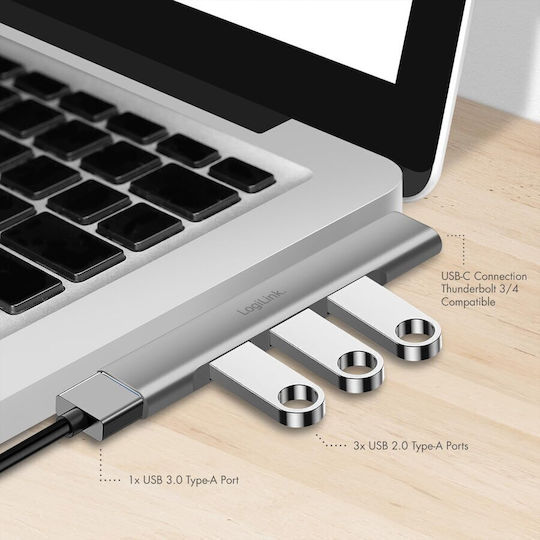 LogiLink USB-Hub 4 Anschlüsse USB 3.2 mit Anschluss an einen Computer USB-C / USB-A Graues