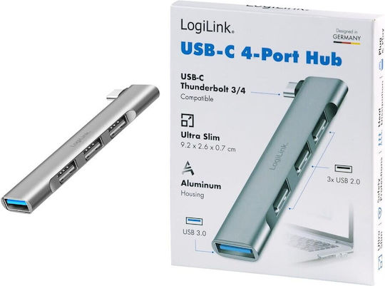 LogiLink USB-Hub 4 Anschlüsse USB 3.2 mit Anschluss an einen Computer USB-C / USB-A Graues