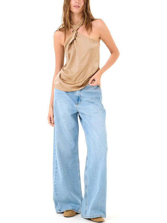 Women's Blouse Satin Sleeveless with Halter Neck Beige