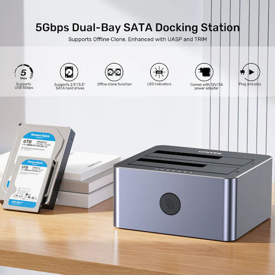 Unitek SATA6G Dual Bay HDD Docking Station Aluminum Black Y-3026