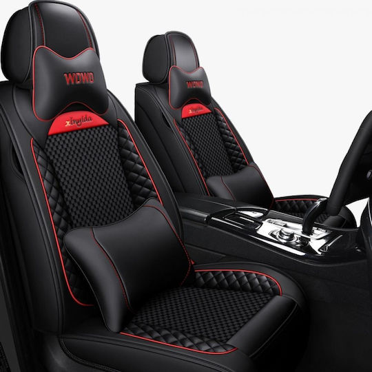 Set Universal Huse Scaune Auto Ediție Lux Material Piele Sintetică Scaune Față Spate Tetieră Volan Pernă Lombară Culoare Negru Roșu 14 Piese