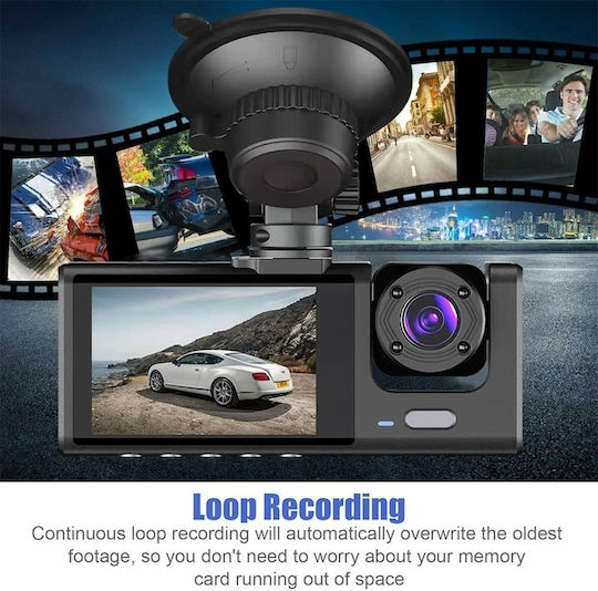 Triple Dash Cam Front Interior Rear View Night Vision Hd 170° Angle Full Hd Suction Cup Mount Black
