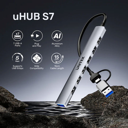 Unitek 7-Port USB 2.0 Hub with USB-A / USB-C Connection Gray