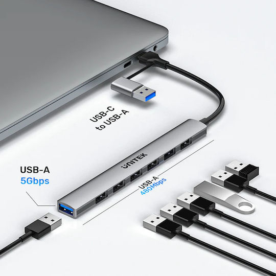 Unitek 7-Port USB 2.0 Hub with USB-A / USB-C Connection Gray