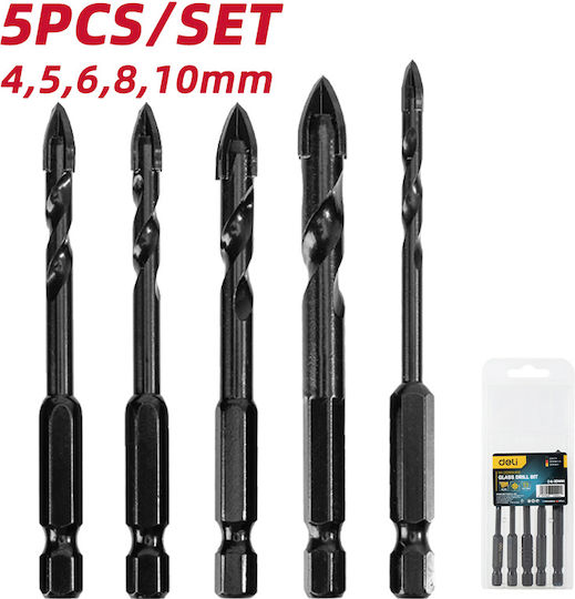 Deli Set of 5 Drills Carbide with Hexagonal Shank for Glass και Tiles