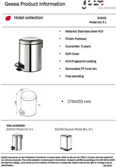 Geesa Μεταλλικό Καλαθάκι Μπάνιου Soft Close 5lt Ασημί