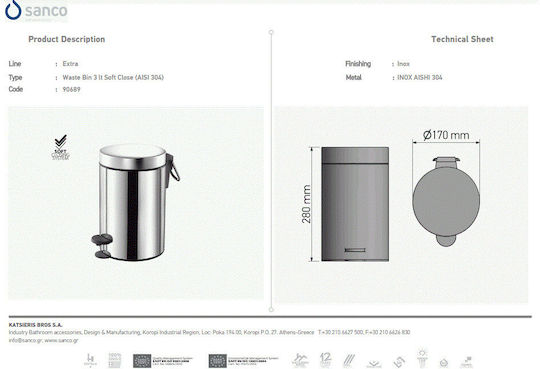 Sanco Inox Perie pentru coșul de gunoi din baie Închidere lentă 3lt Dark Graphite