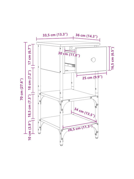 Κομοδίνο Ξύλινο με Μεταλλικά Πόδια Artisan δρυς 34x36x70cm