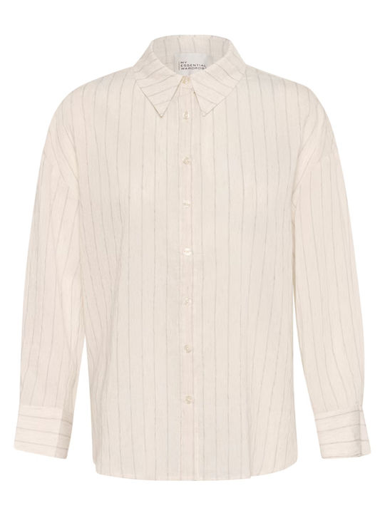 Women's Linen Striped Long Sleeve Shirt Ecru-black