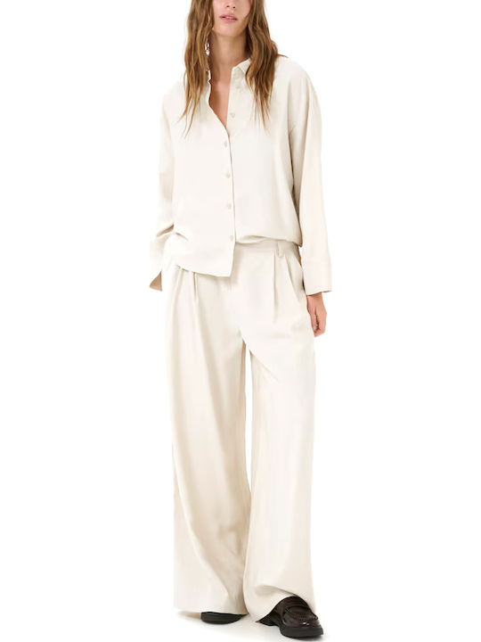 Women's High-waisted Fabric Trousers Loose Fit Beige