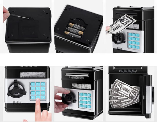 Cutie de Bani Electronic Atm Safe pentru Copii likesmart Safebank Lumină Sunete Deschidere cu Pin Ușă Deschisă Alertă Negru